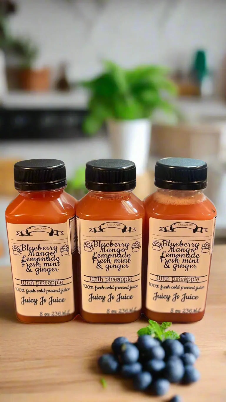 3 12-ounce bottles Blueberry Mango Pineapple Lemonade Detox Juice Cleanse with fresh mint and ginger root. Juicy Js Fresh Juices