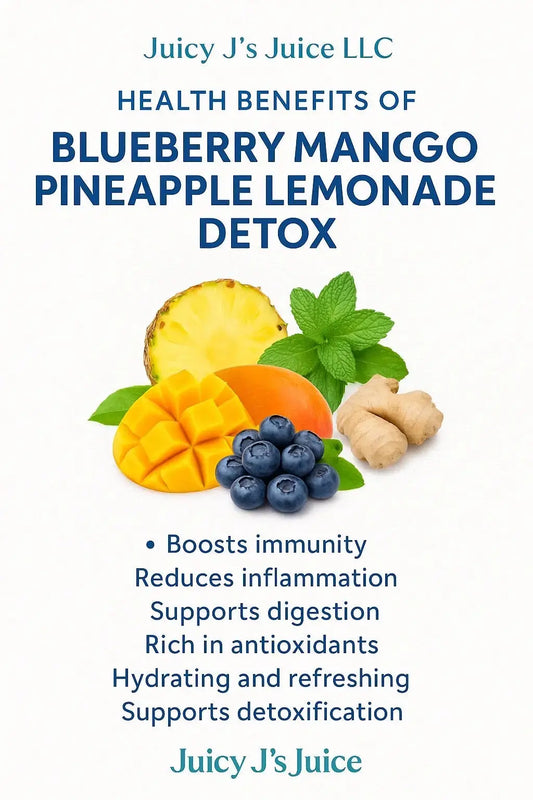 3 12-ounce bottles Blueberry Mango Pineapple Lemonade Detox Juice Cleanse with fresh mint and ginger root. - Juicy Js Fresh Juices