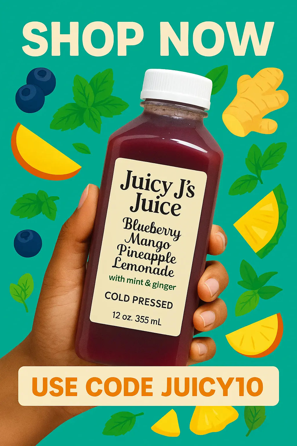 3 12-ounce bottles Blueberry Mango Pineapple Lemonade Detox Juice Cleanse with fresh mint and ginger root. Juicy Js Fresh Juices