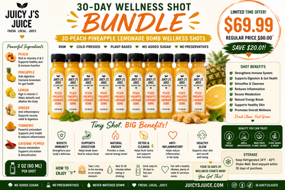 A promotional bundle graphic for Juicy's Juice featuring seven bottles of 30-Day Wellness Shot arranged in a row, surrounded by marketing text, ingredient callouts, and benefit icons on a white background.