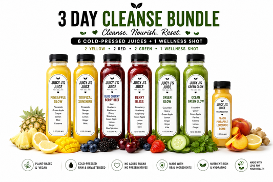 A promotional graphic for a 3 Day Cleanse Bundle featuring six cold-pressed juice bottles in different colors (yellow, orange, red, purple, green, and brown) arranged with their respective fruits and vegetables on a white background. Text at the top reads '3 DAY CLEANSE BUNDLE' and icons at the bottom highlight key product features.