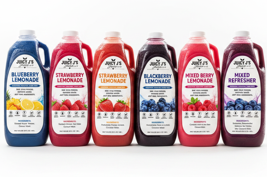 Six large plastic jugs of Juicy's bottled juice arranged in a row on a white background, including Blueberry Lemonade, Strawberry Lemonade, Strawberry Acai Lemonade, Blackberry Lemonade, Mixed Berry Lemonade, and Mixed Refresher.