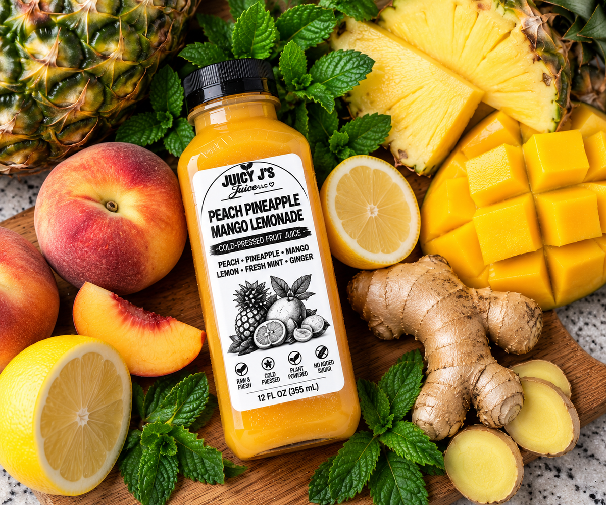 Peach pineapple mango lemon with fresh mint and ginger root