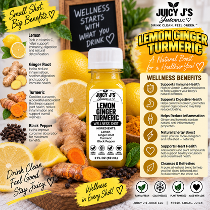 Ginger and turmeric wellness shot with lemon cayenne pepper and organic agave syrup