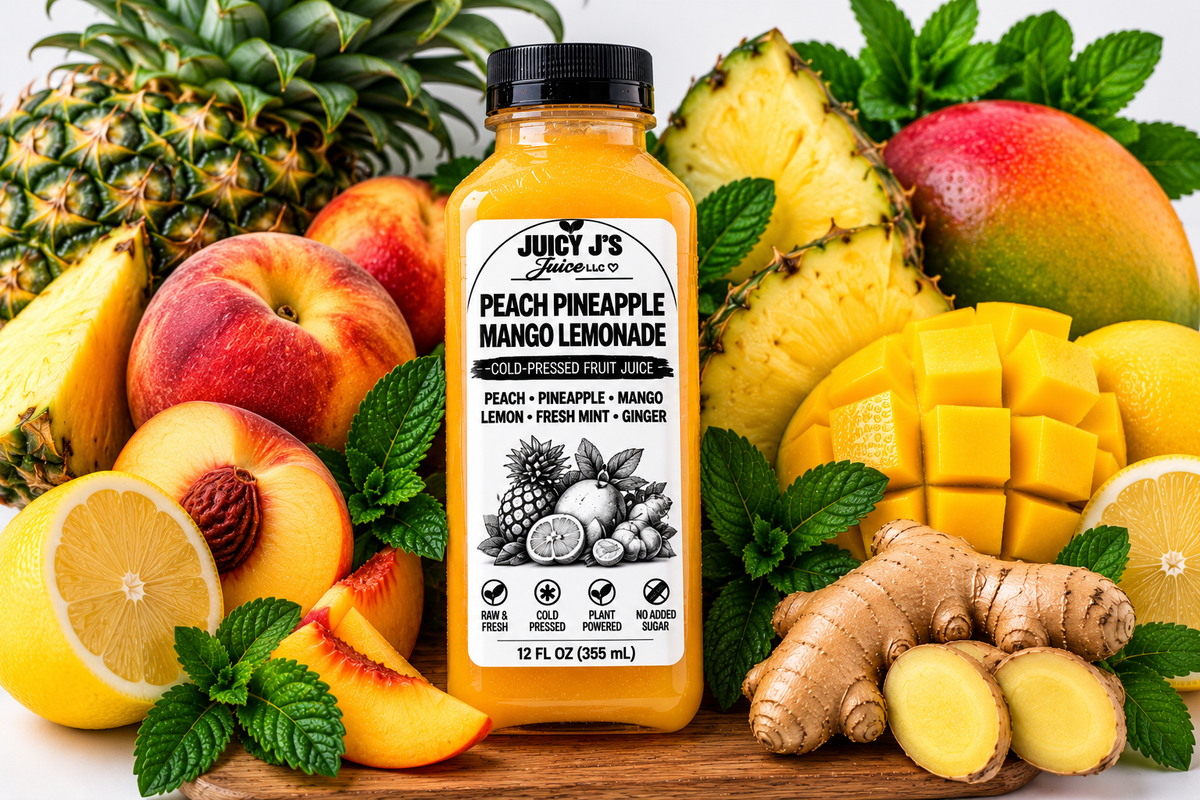 Peach pineapple mango lemon with fresh mint and ginger root