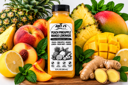 Peach pineapple mango lemon with fresh mint and ginger root