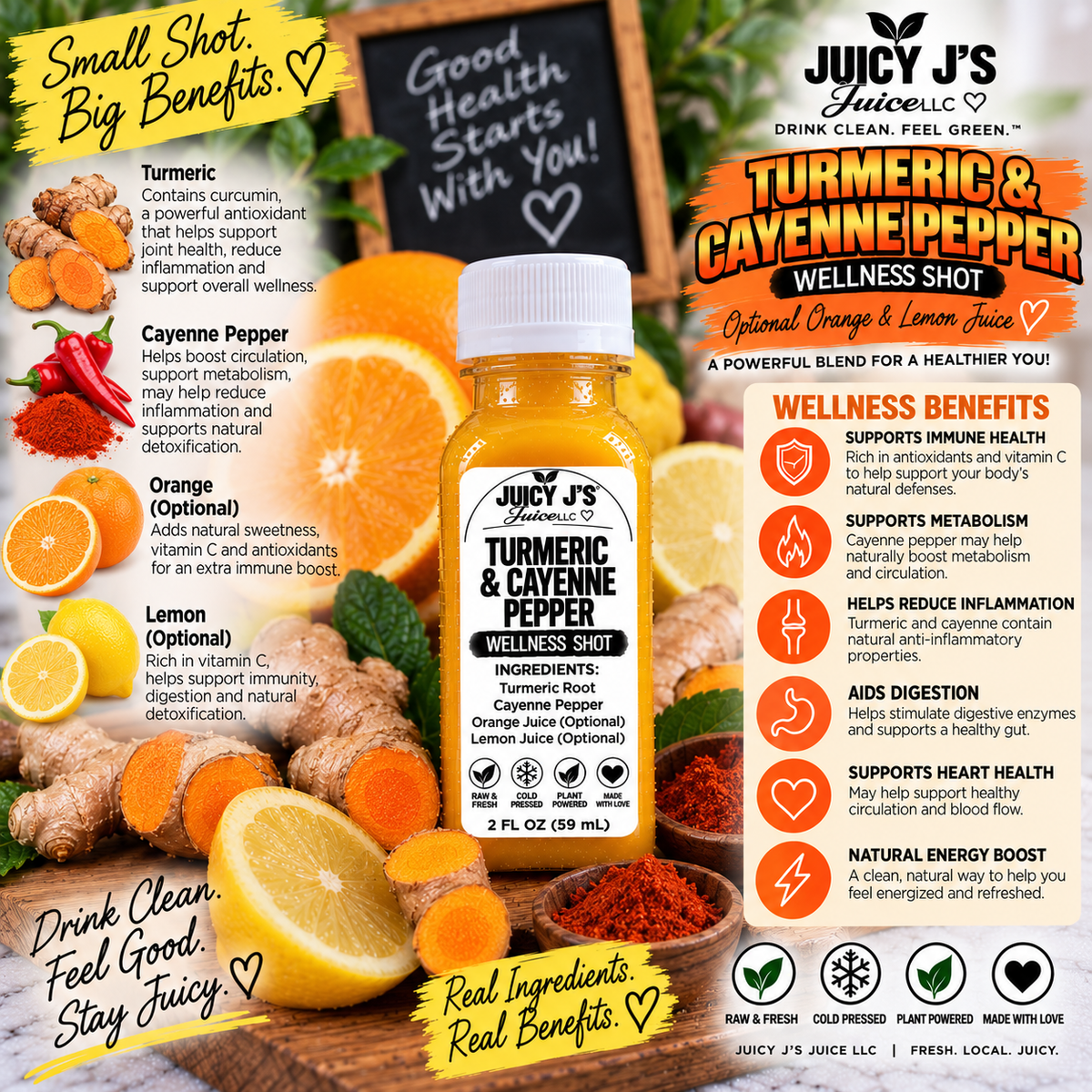 Turmeric wellness shot with optional orange and lemon juice with organic agave syrup