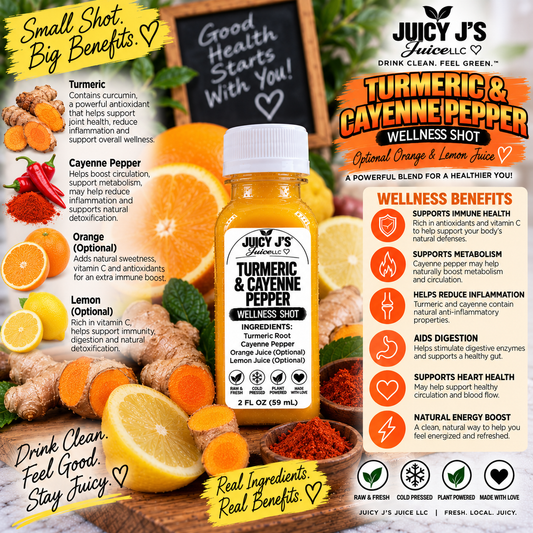 Turmeric wellness shot with optional orange and lemon juice with organic agave syrup