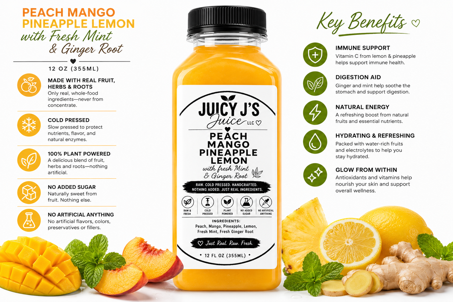 Peach pineapple mango lemon with fresh mint and ginger root