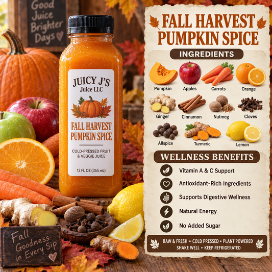 🍂 FALL HARVEST PUMPKIN SPICE

LIMITED-EDITION SEASONAL COLD-PRESSED JUICE 🎃🍎

Fall just got JUICY. 🍁

Meet Fall Harvest Pumpkin Spice, our seasonal blend inspired by everything we love about fall—made the Juicy J’s way with real fruits, vegetables,