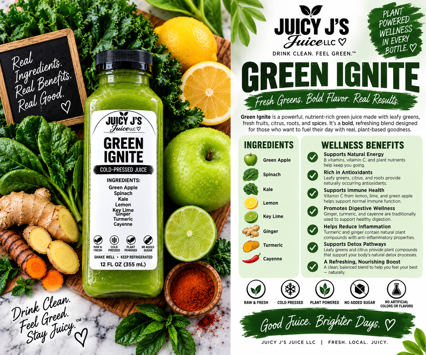 Juicy J's Organic Green Ignite cold-pressed juice in a clear bottle with a black cap, shown on a styled flat-lay with lemons, limes, ginger, spinach, and herbs. The image includes a product description panel detailing ingredients and wellness benefits.