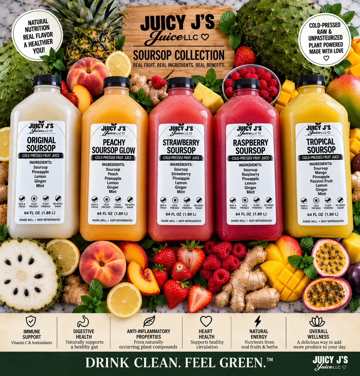 JUICY J’S 64 OZ SOURSOP JUICE COLLECTION | HALF-GALLON COLD-PRESSED JUICE