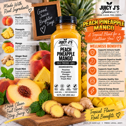 Peach pineapple mango lemon with fresh mint and ginger root