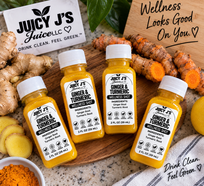 Ginger and turmeric wellness shot with lemon cayenne pepper and organic agave syrup