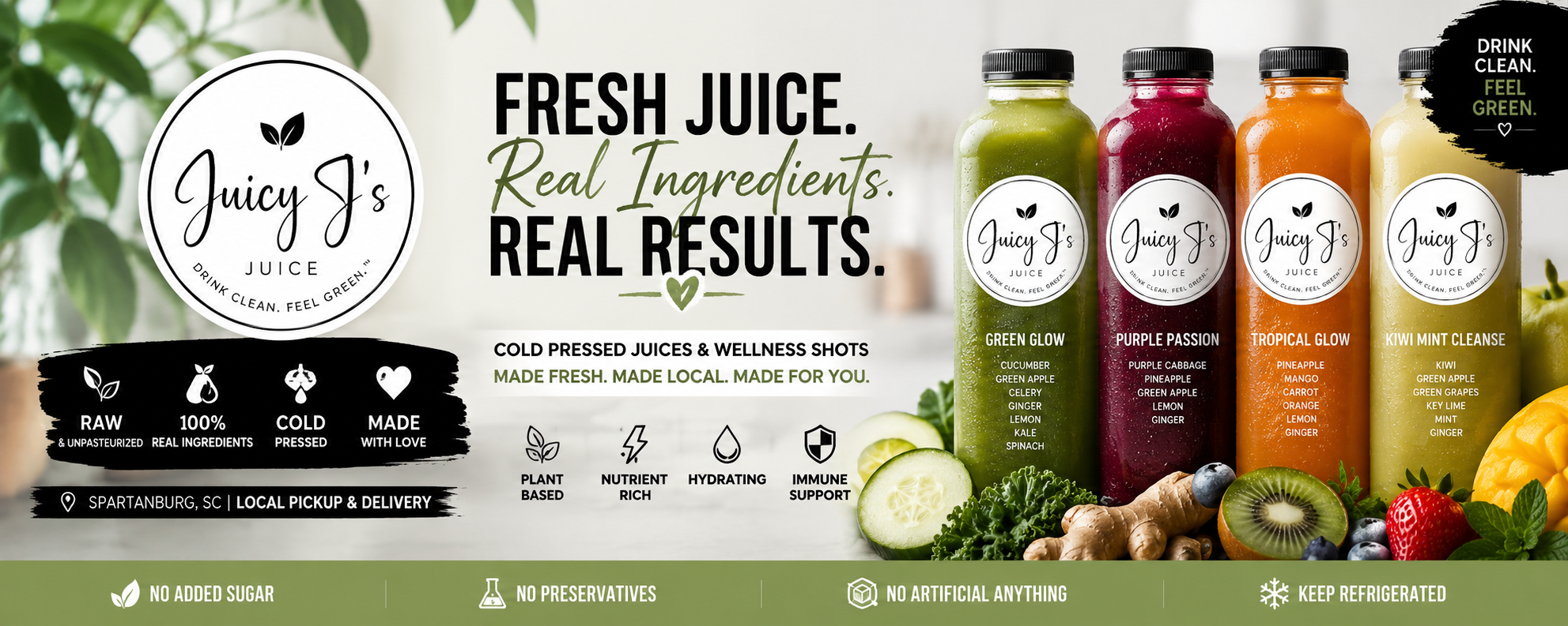 Juicy J's Juice advertisement featuring four bottled juices in green, purple, orange, and yellow, alongside fresh fruits and vegetables on a green background with brand logos and text.