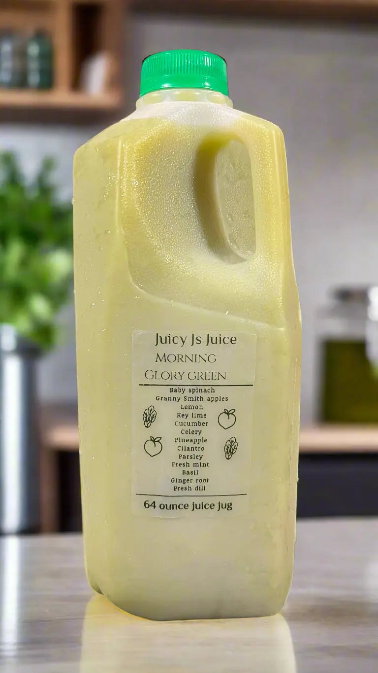 2 64 0z jugs Of Our Morning Greens with Herbs - Juicy Js Fresh Juices
