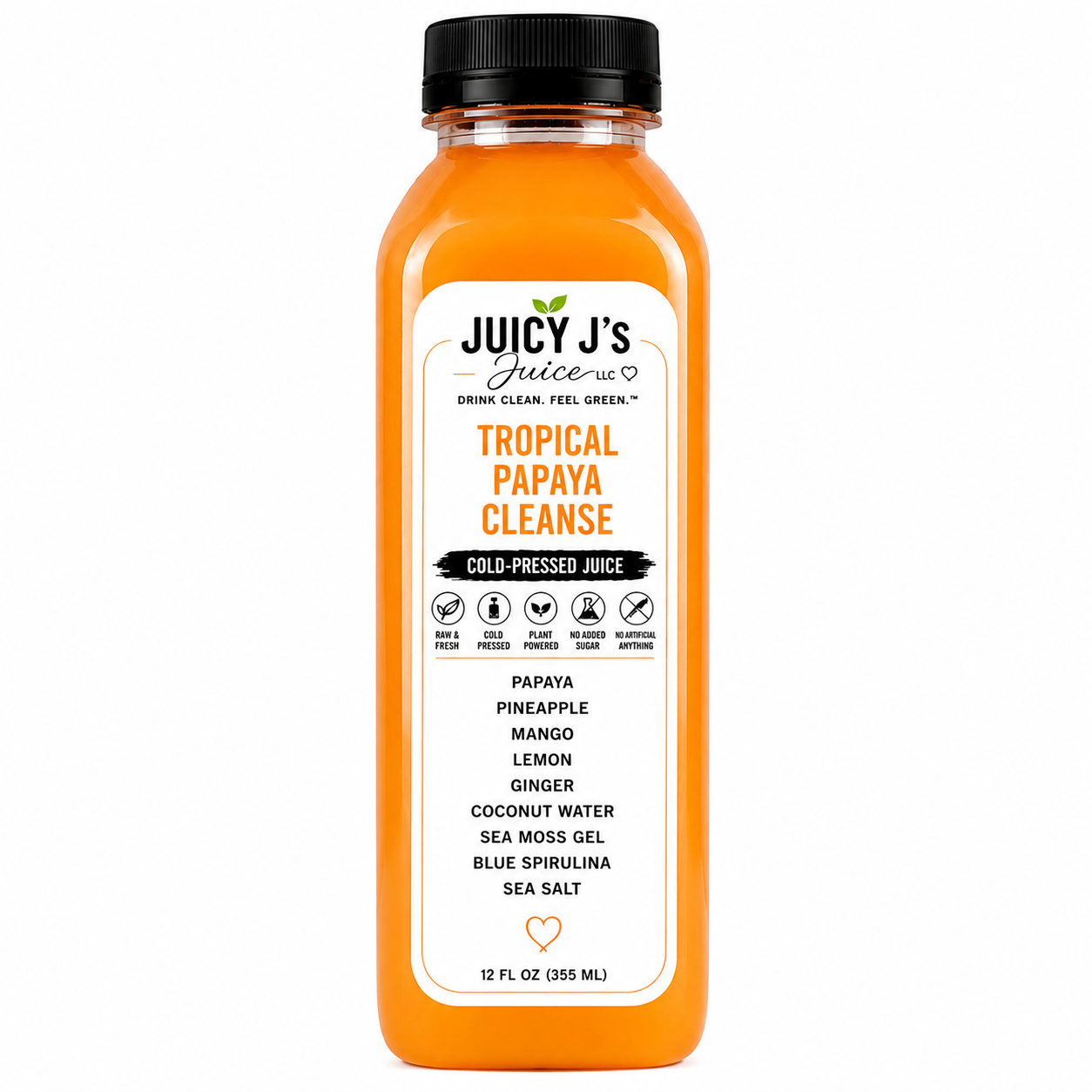 Juicy J's Tropical Papaya Cleanse cold-pressed juice in a 12 fl oz bottle, featuring a bright orange liquid, a black cap, and a white label with orange and black text.