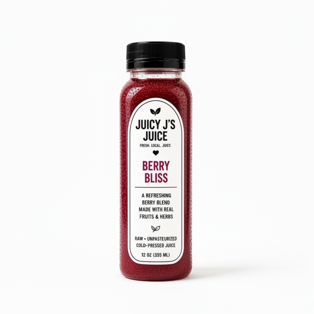 Juicy's Juice Berry Bliss cold-pressed juice bottle centered on a white background, surrounded by fresh berries, fruit, ginger, and a coconut. Large text reads 'BERRY BLISS' with product claims and icons for plant-based, hydrating, and made with real ingredients.