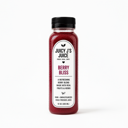 Juicy's Juice Berry Bliss cold-pressed juice bottle centered on a white background, surrounded by fresh berries, fruit, ginger, and a coconut. Large text reads 'BERRY BLISS' with product claims and icons for plant-based, hydrating, and made with real ingredients.