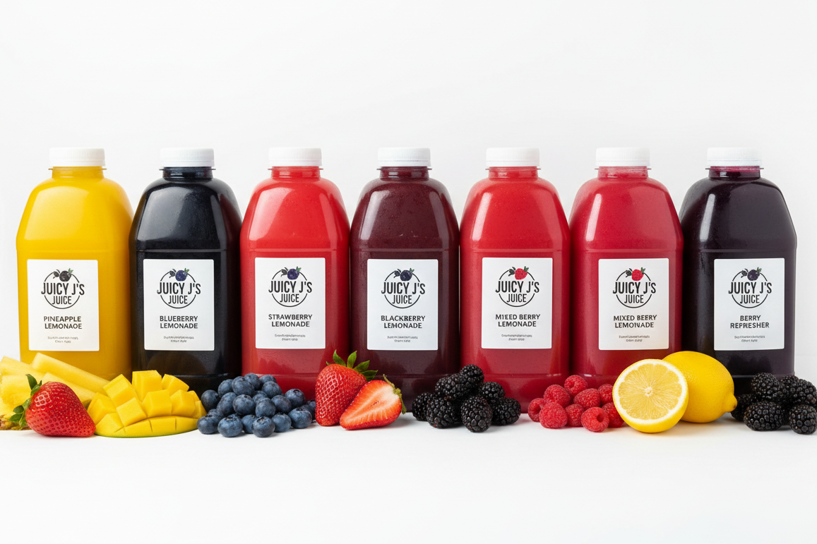 Eight bottles of Juicy's fruit smoothies arranged in a row on a white background, with corresponding fresh fruits placed in front of each bottle. The bottles range from yellow and orange to red and dark purple/black, and the labels clearly show the Juicy's brand.