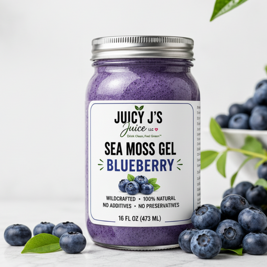 A jar of Juicy J's Sea Moss Gel Blueberry shown on a white background with promotional text, icons, and blueberries around it. The product is in a clear glass jar with a silver lid and a white label.