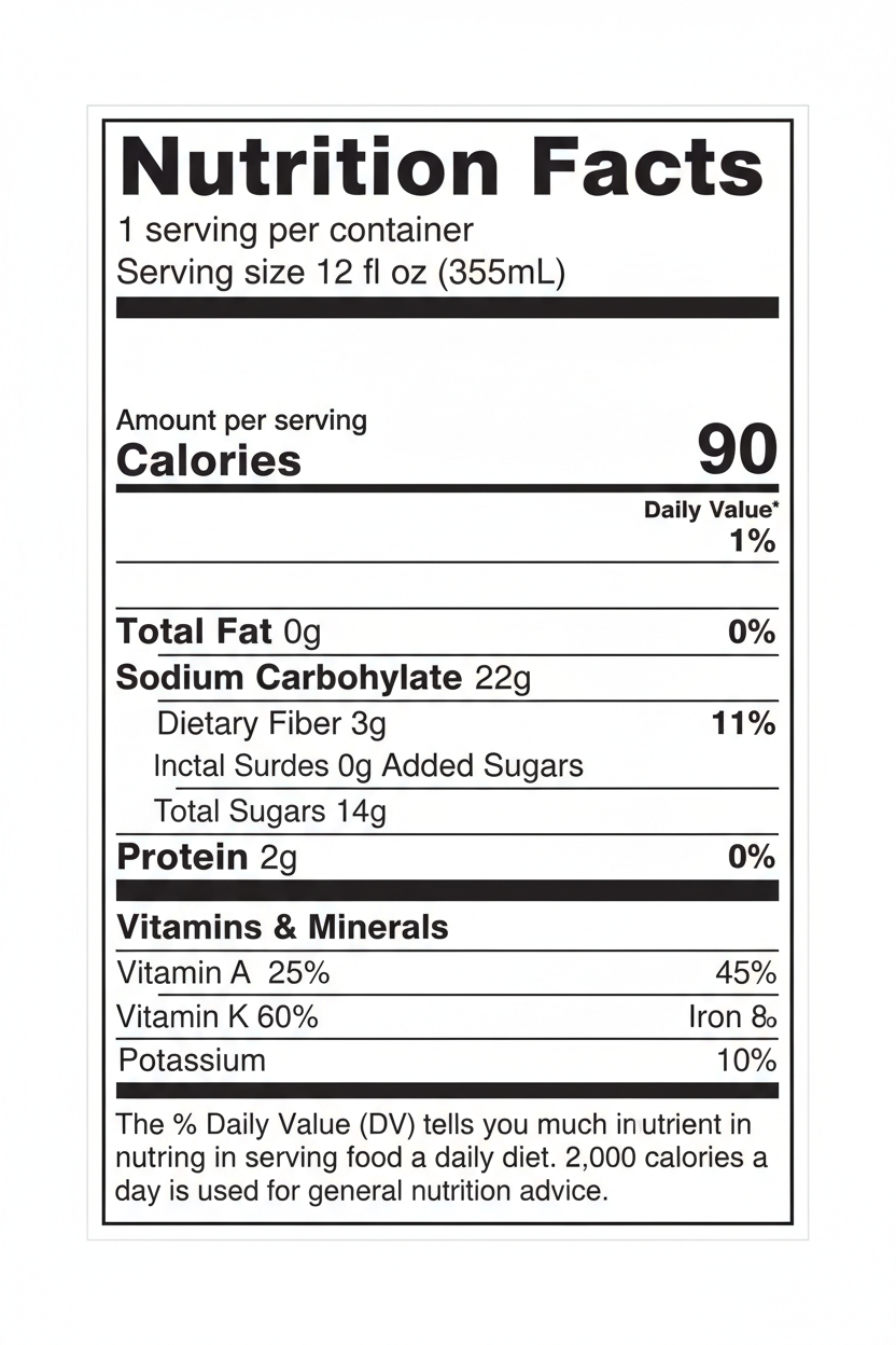 A Nutrition Facts label on a white background, showing serving size 12 fl oz (355mL) with calories, fat, fiber, protein, and vitamin information.