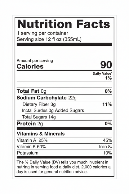 A Nutrition Facts label on a white background, showing serving size 12 fl oz (355mL) with calories, fat, fiber, protein, and vitamin information.