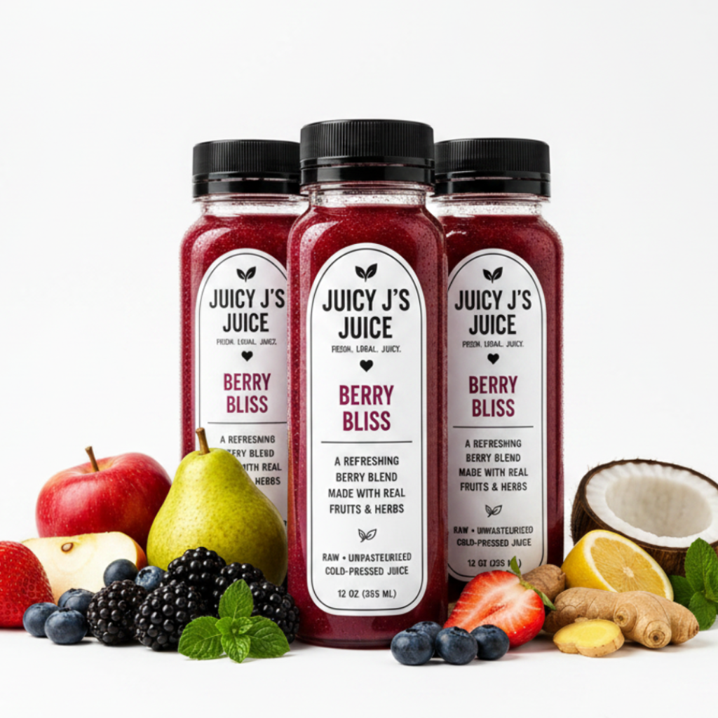 A bottle of Juicy J's Juice Berry Bliss cold-pressed juice centered on a white background, surrounded by fresh fruits and vegetables including an apple, pear, strawberry, blueberries, blackberries, coconut, ginger, and mint. Large text reads 'BERRY BLISS' and 'Juicy J's Juice' with feature badges on the right and bottom.