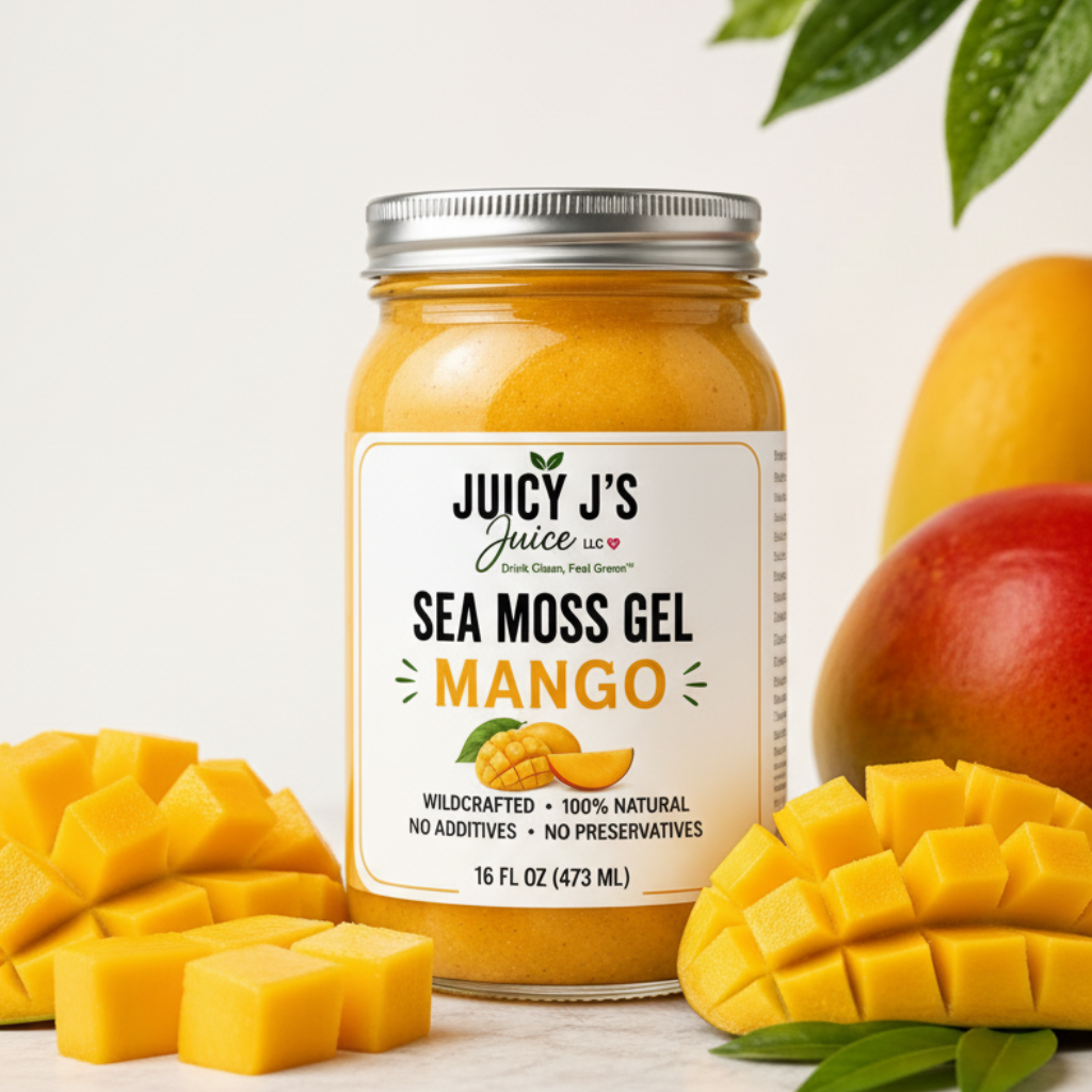 Juicy J's Sea Moss Gel Mango in a 16 oz glass jar, displayed on a white background with promotional text, price badge, and fresh mango slices.