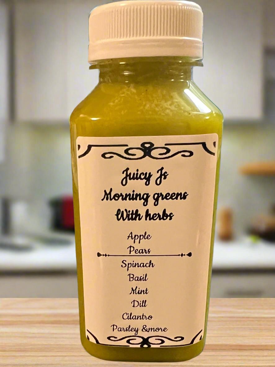 Morning Green Cold Pressed Juice with fresh raw organic herbs! This Is an 8 oz bottle 236ML  bundles Includes 3 wellness shots