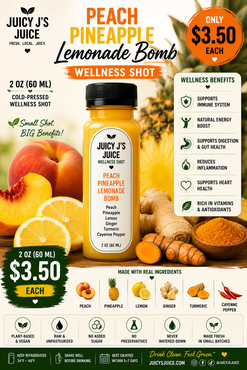 Juicy Juice Lemonade Bomb Wellness Shot in a 2 oz bottle, presented on a colorful graphic background featuring peaches, ginger, and lemon slices. The image includes promotional text, pricing, wellness benefits, and ingredient highlights.