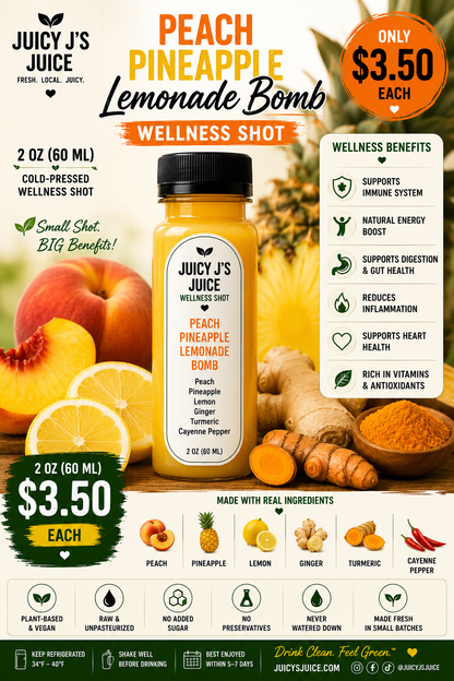 Juicy Juice Lemonade Bomb Wellness Shot in a 2 oz bottle, presented on a colorful graphic background featuring peaches, ginger, and lemon slices. The image includes promotional text, pricing, wellness benefits, and ingredient highlights.