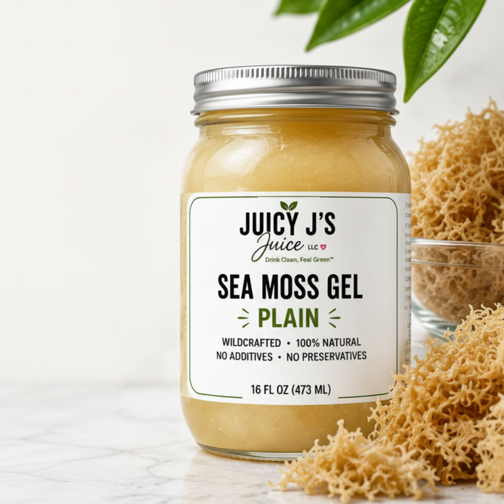 A jar of Juicy J's Sea Moss Gel Plain is shown on a white background with loose sea moss and green leaves around it. The image includes promotional text, a price badge, and product features icons.