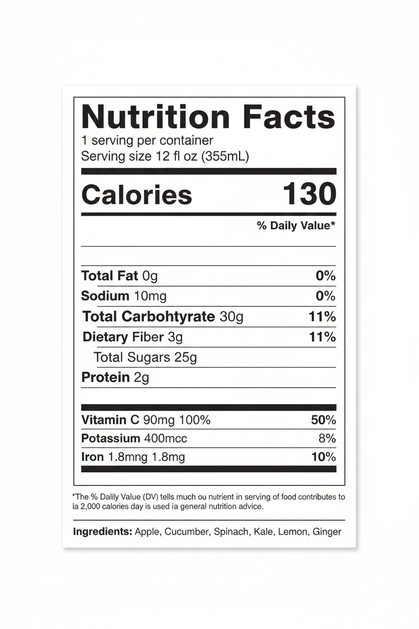 A clean, centered Nutrition Facts label on a white background, showing calories, daily value percentages, nutrients, and ingredient list.