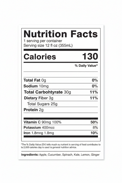 A clean, centered Nutrition Facts label on a white background, showing calories, daily value percentages, nutrients, and ingredient list.