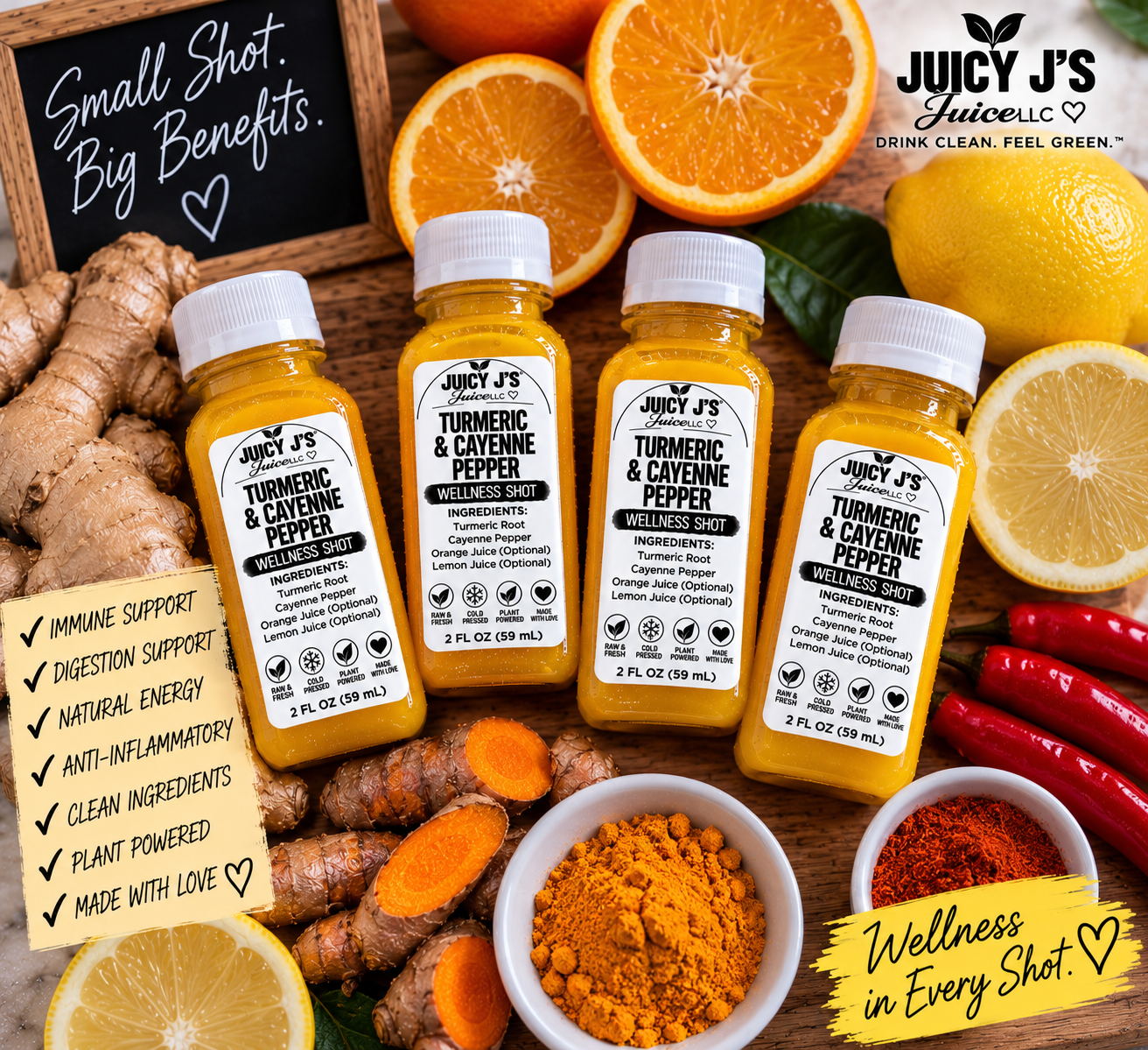 Turmeric wellness shot with optional orange and lemon juice with organic agave syrup