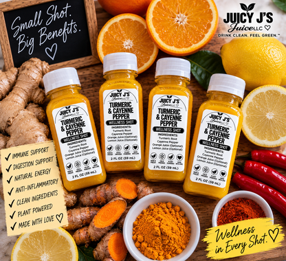 Turmeric wellness shot with optional orange and lemon juice with organic agave syrup